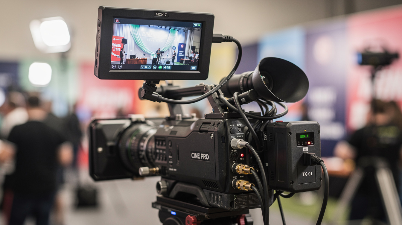 Close-up of professional cinema camera with monitor and cables