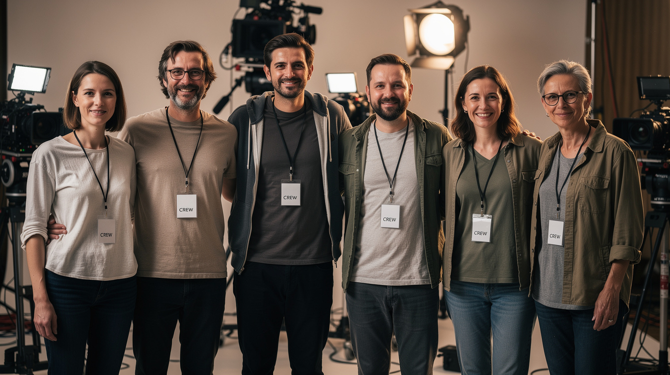 Diverse film crew standing together on set