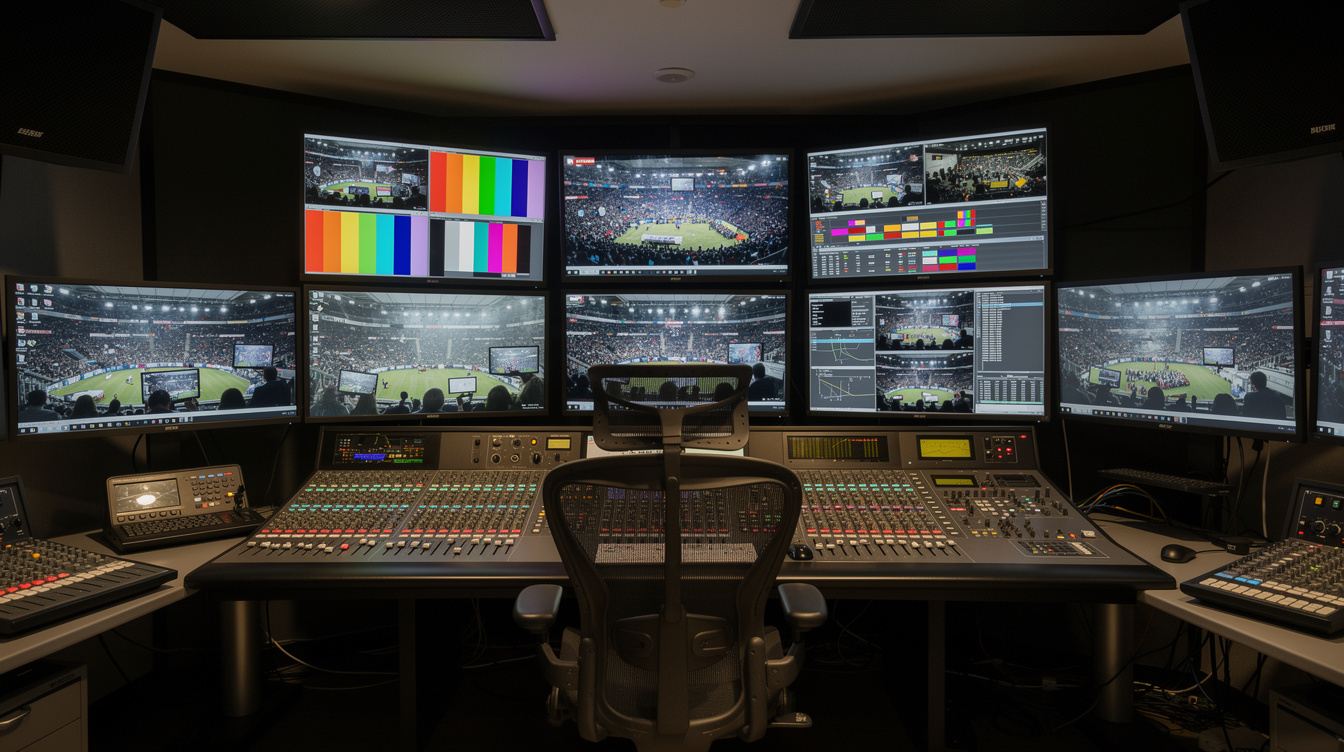 Broadcast control room with multiple video monitors and switcher