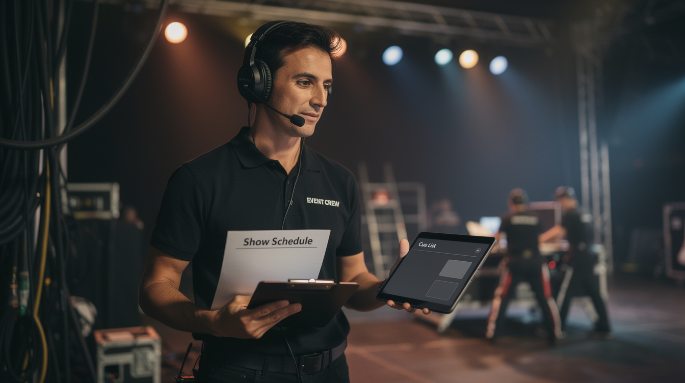 Production coordinator with headset managing a live event