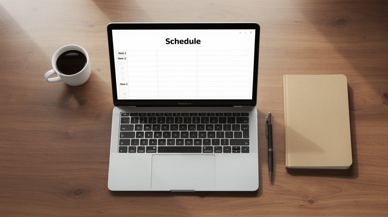 Laptop showing a production schedule on a desk with notebook