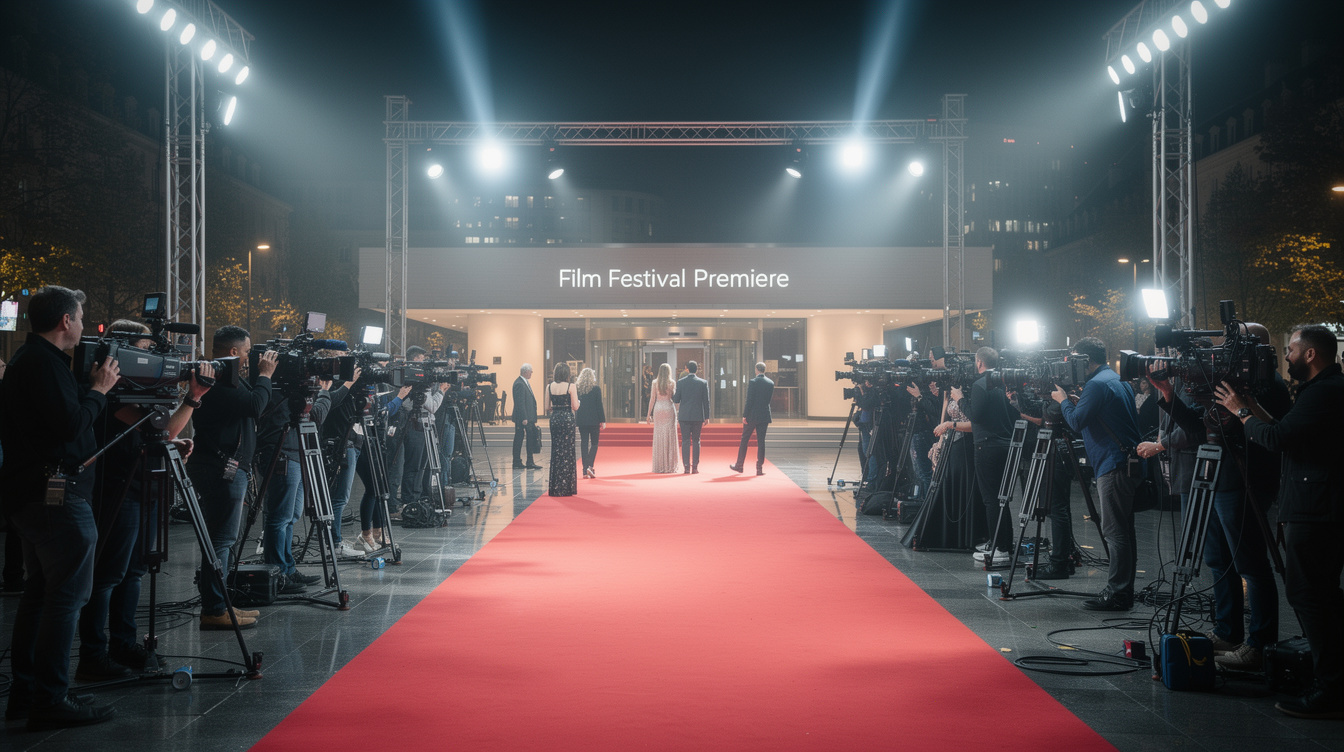 Red carpet premiere event with photographers filming