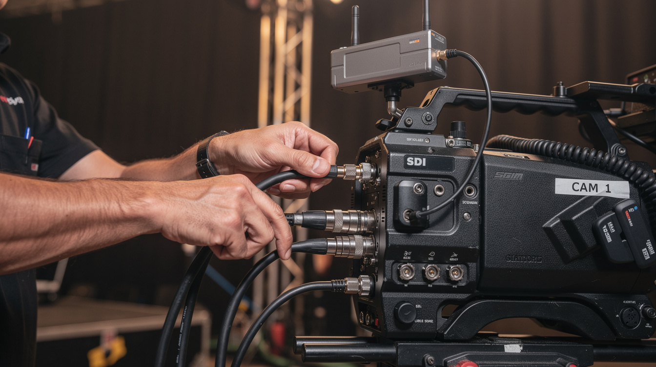 Technician connecting camera cables and wireless transmitter